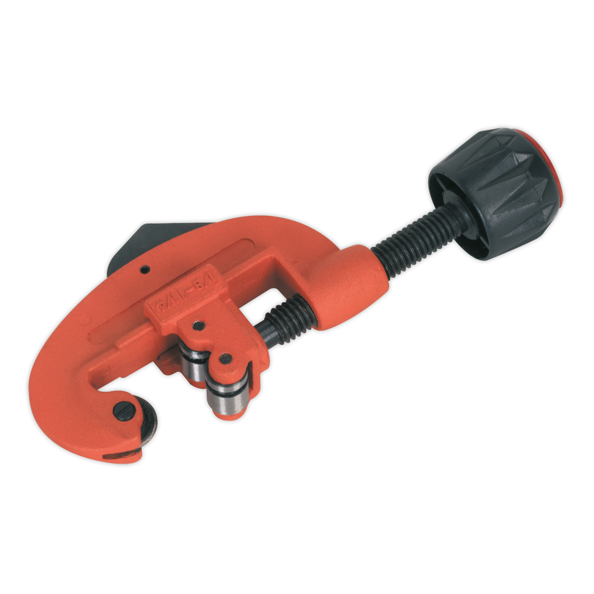 A Sealey Pipe Cutter Ø3-32mm - AK5051 with a red body and black handle and adjuster knob, perfect for cutting metal tubing.