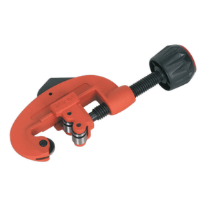 A Sealey Pipe Cutter Ø3-32mm - AK5051 with a red body and black handle and adjuster knob, perfect for cutting metal tubing.