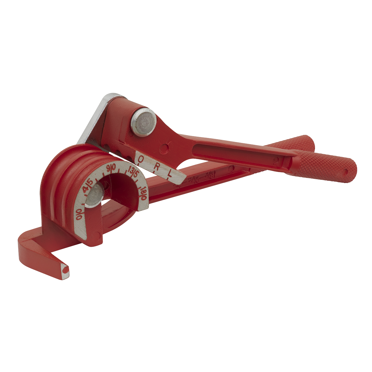 A red and metallic Brake Pipe Bender 3-in-1 Automotive 6, 8 & 10mm - AK5055 by Sealey, displayed on a white background, featuring angle markings from 0 to 180 degrees and grips on the handles. This versatile tool is perfect for automotive applications, effortlessly bending pipes to precise angles.