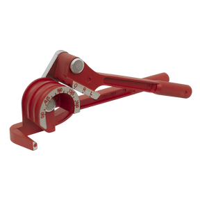 A red and metallic Brake Pipe Bender 3-in-1 Automotive 6, 8 & 10mm - AK5055 by Sealey, displayed on a white background, featuring angle markings from 0 to 180 degrees and grips on the handles. This versatile tool is perfect for automotive applications, effortlessly bending pipes to precise angles.