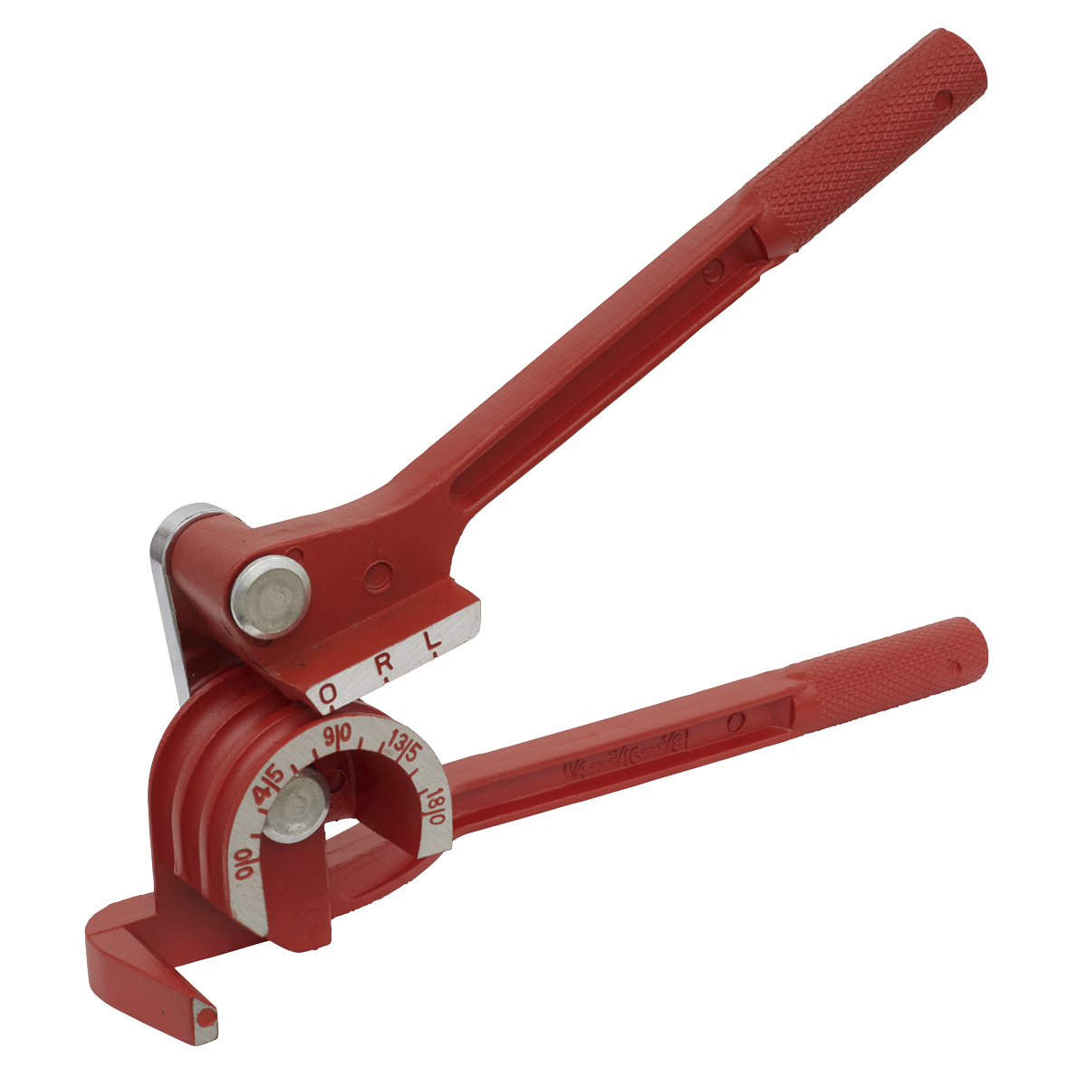 The Sealey Brake Pipe Bender 3-in-1 Automotive 6, 8 & 10mm - AK5055 is a red manual pipe bender with graduated markings on the bending guide. It features two handles and a metal lever mechanism, making it ideal for automotive applications.