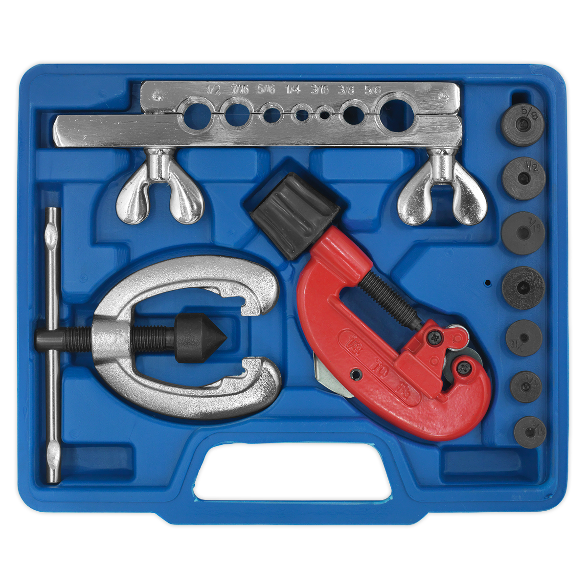 The Sealey Pipe Flaring & Cutting Kit 10pc - AK506 is a blue plastic case containing various hand tools, including a pipe cutter, a copper flaring tool, and several dies. This versatile tubing kit is perfect for all your plumbing needs.