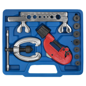 The Sealey Pipe Flaring & Cutting Kit 10pc - AK506 is a blue plastic case containing various hand tools, including a pipe cutter, a copper flaring tool, and several dies. This versatile tubing kit is perfect for all your plumbing needs.