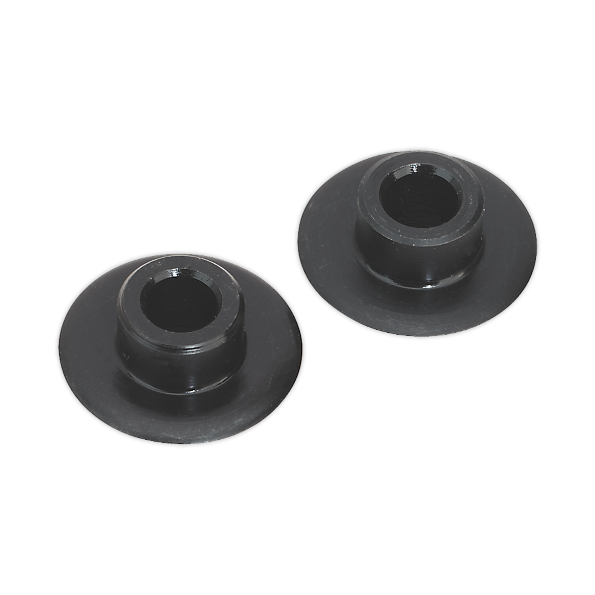 Two black, circular plastic bushings with flanged edges, placed side by side on a white background. This pack of two Cutter Wheels for AK5062 - AK5062/B is compatible with Sealey Hand Tools and can also be used as replacement parts for cutter wheels.