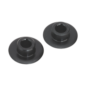 Two black, circular plastic bushings with flanged edges, placed side by side on a white background. This pack of two Cutter Wheels for AK5062 - AK5062/B is compatible with Sealey Hand Tools and can also be used as replacement parts for cutter wheels.