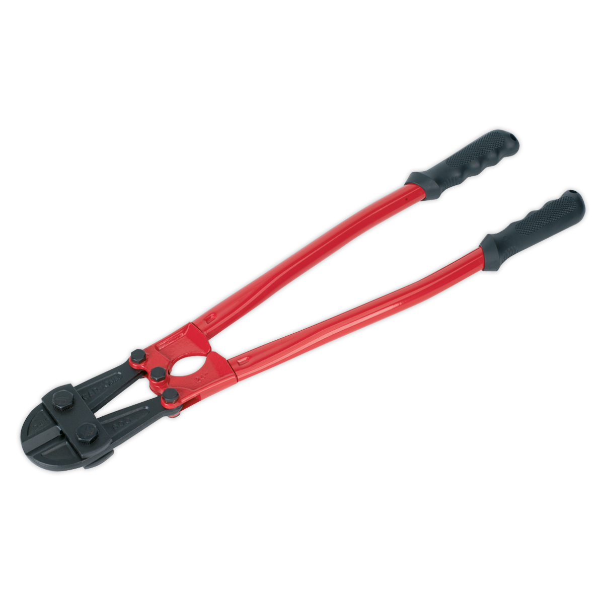 Introducing the Sealey Bolt Cropper 600mm 10mm Capacity - AK509: a pair of bolt cutters featuring red and black handles, crafted from durable Chrome Molybdenum steel. Designed with a pivot mechanism and dual gripping handles, it is perfect for daily professional use. The Premier Hand Tools quality guarantees both durability and precision.