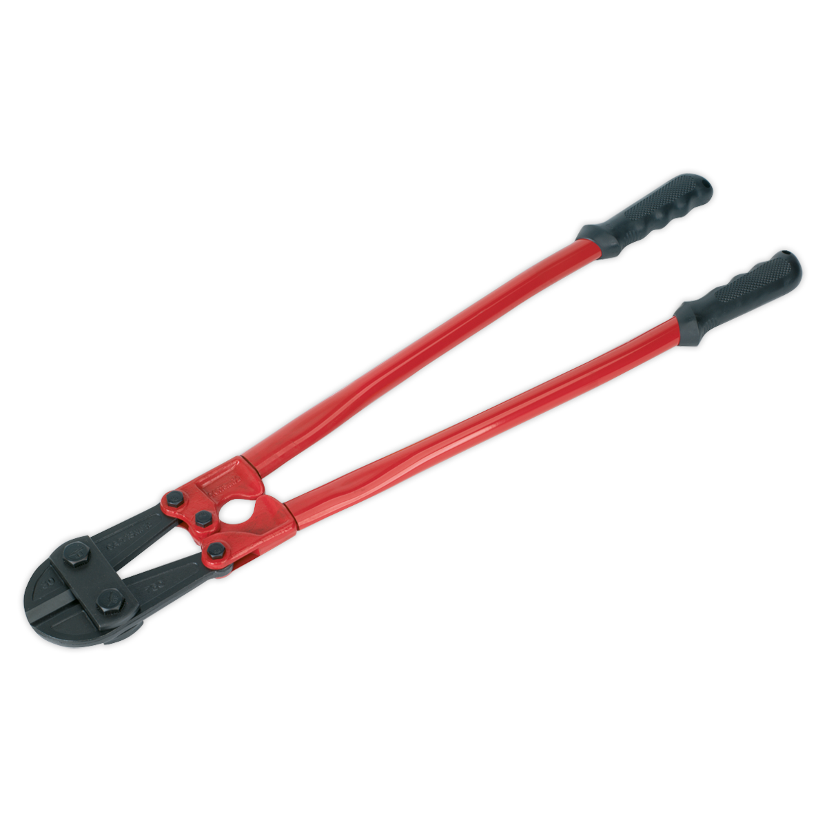 Image of the Sealey Bolt Cropper 750mm 13mm Capacity - AK510, featuring red and black rubber-gripped handles, crafted from chrome molybdenum steel. Designed for cutting through metal objects such as chains and bolts, it is part of our premier hand tools collection.