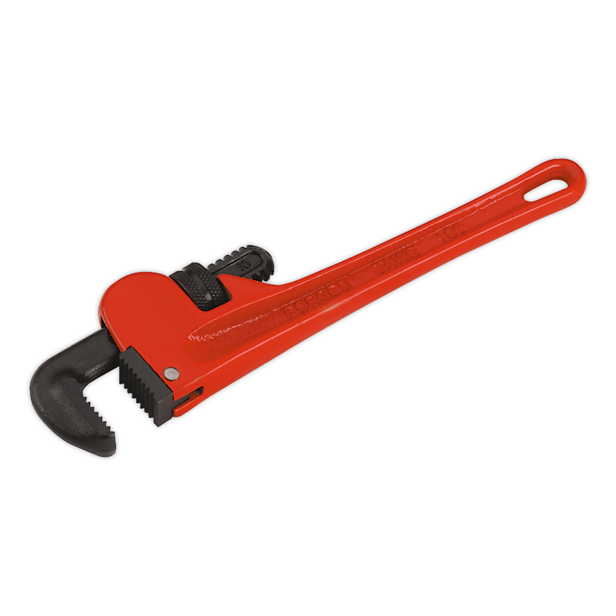 The Sealey Pipe Wrench European Pattern 250mm Cast Steel - AK5102 is a red adjustable pipe wrench with a black, ridged jaw designed for gripping and turning pipes. This high-quality tool features drop-forged carbon steel jaws and comes with a lifetime guarantee, ensuring durability and reliability for all your plumbing needs.