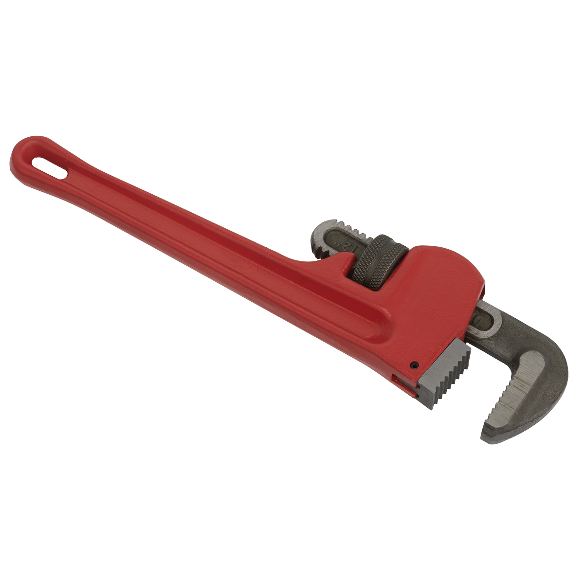 A 300mm European Pattern Pipe Wrench with a red handle, crafted from high-quality cast steel jaws with a serrated grip, lying on a white background. This tool, the AK5103 by Sealey, comes with a lifetime guarantee.