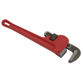 A 300mm European Pattern Pipe Wrench with a red handle, crafted from high-quality cast steel jaws with a serrated grip, lying on a white background. This tool, the AK5103 by Sealey, comes with a lifetime guarantee.