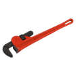 The Sealey Pipe Wrench European Pattern 450mm Cast Steel - AK5105 is a red tool designed for tightening or loosening pipes. It features adjustable, drop-forged carbon steel jaws and a black grip, with a durable one-piece head design.