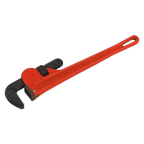 The Sealey Pipe Wrench European Pattern 450mm Cast Steel - AK5105 is a red tool designed for tightening or loosening pipes. It features adjustable, drop-forged carbon steel jaws and a black grip, with a durable one-piece head design.