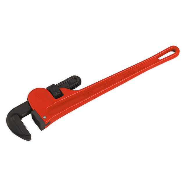 The Sealey Pipe Wrench European Pattern 450mm Cast Steel - AK5105 is a red tool designed for tightening or loosening pipes. It features adjustable, drop-forged carbon steel jaws and a black grip, with a durable one-piece head design.