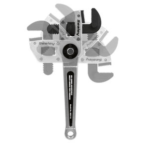 Image of the Sealey Adjustable Multi-Angle Pipe Wrench Ø9-38mm (model AK5115) with several adjustable wrenches attached to a central rotating mechanism. The tool features hardened steel jaws and a metal handle branded "Sealey," offering durability and reliability.
