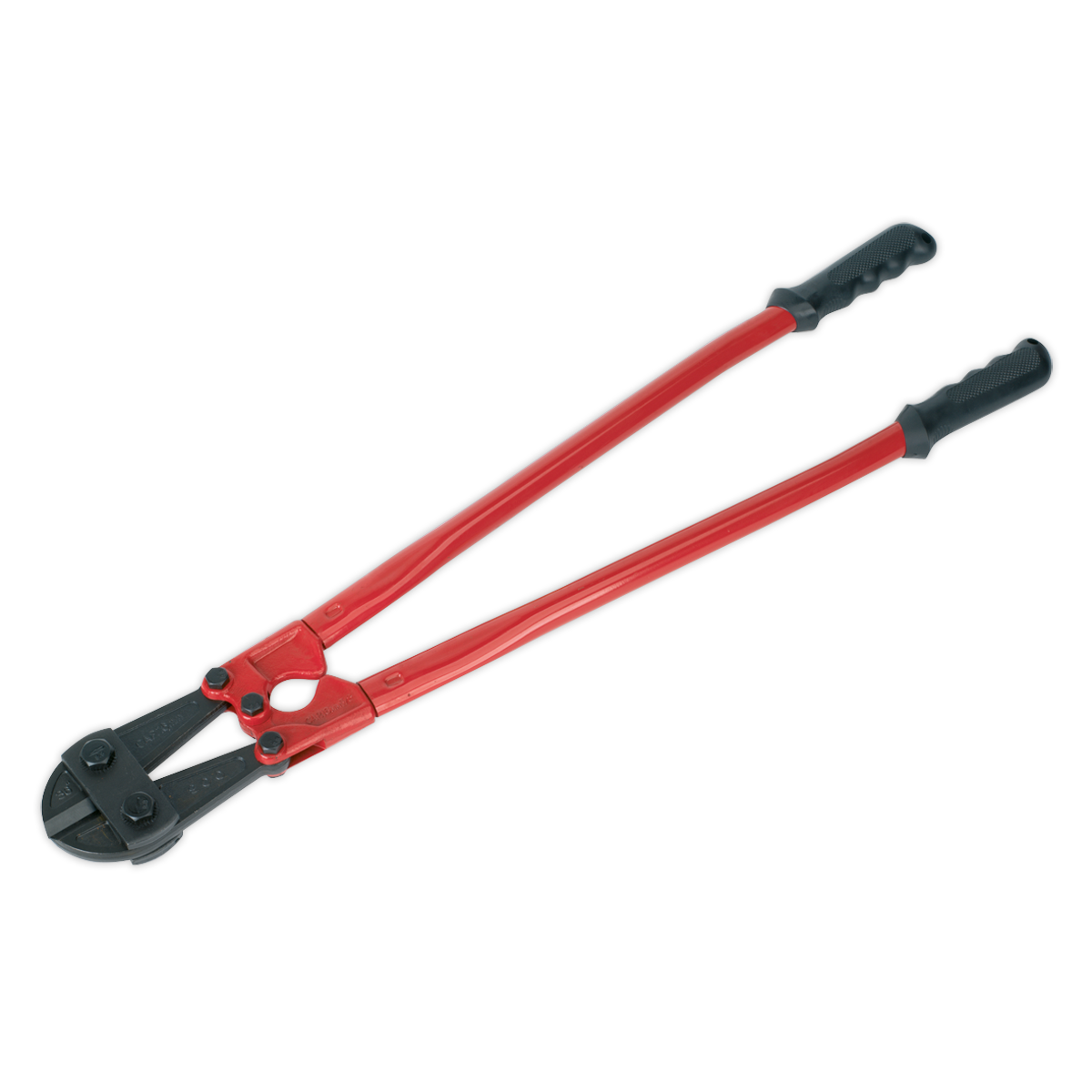 A pair of Bolt Cropper 900mm 16mm Capacity - AK518 in red with black handles, manufactured from durable Chrome Molybdenum steel and covered by Sealey's lifetime guarantee, is shown against a plain background.