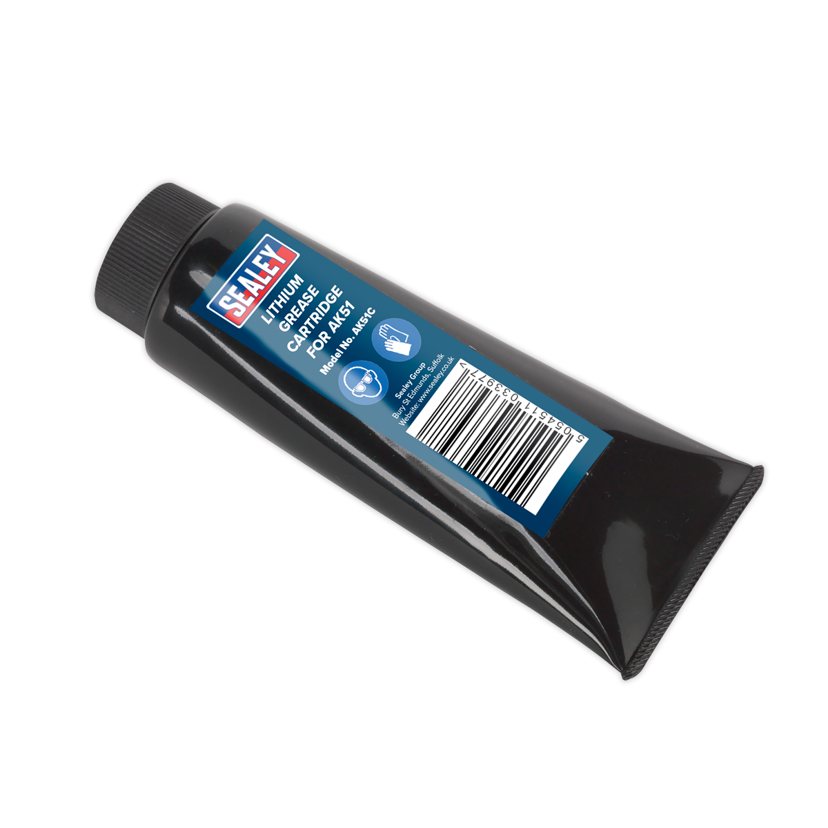 A black grease tube labeled "Sealey Lithium Grease Tube for AK51 - AK51C," shown at an angle, with a blue and white label displaying product details and a barcode.