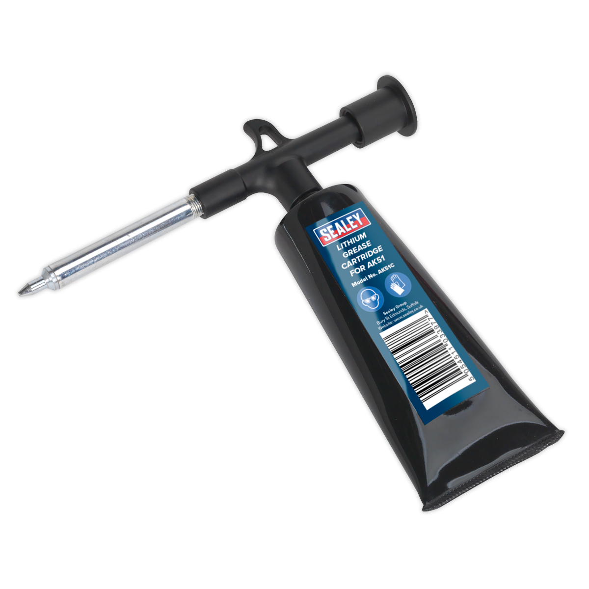 Image of a Sealey Mini Grease Applicator 100g (AK51) in black packaging with a precision application tool attached.