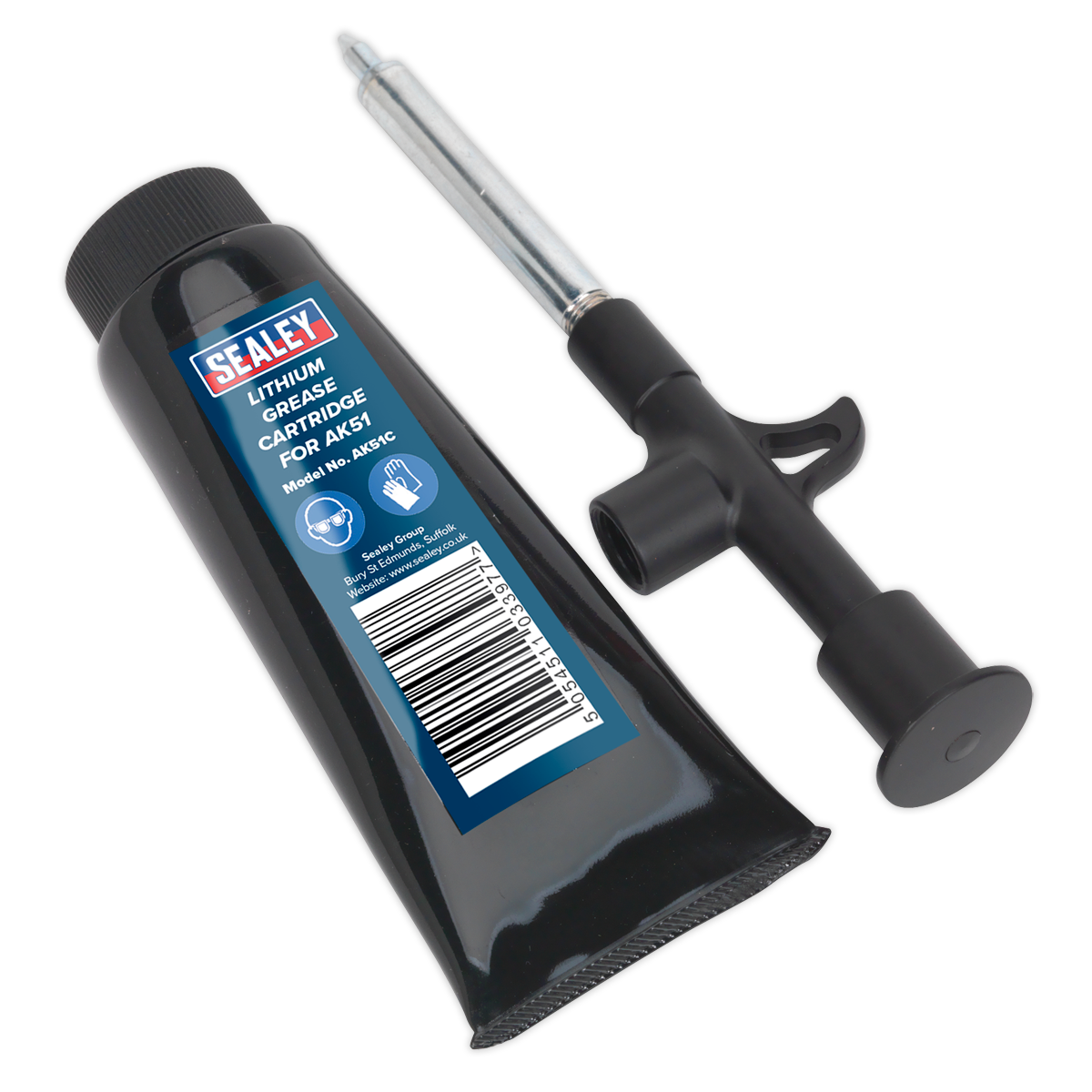 The Sealey Mini Grease Applicator 100g - AK51 and its matching black cartridge with a blue label ensure precision application. The grease applicator features a plunger and metal nozzle for accurate dispensing of the lithium grease.