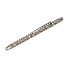 The Sealey Washer Jet Tool - AK52206 features a silver pen design with a diagonal striped pattern and a built-in clip. This compact double-ended tool is capped and can be laid horizontally.