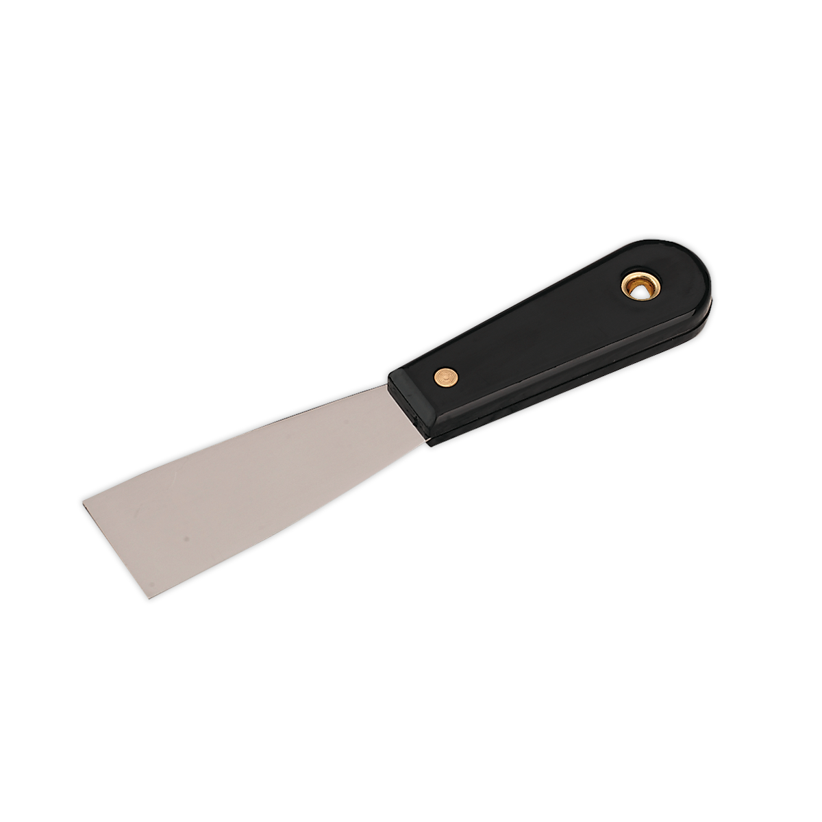 The Sealey Scraper Rigid 40mm - AK5220 is a chrome-plated putty knife with a highly polished steel blade, featuring a black composite handle and a convenient hole near the end for hanging.