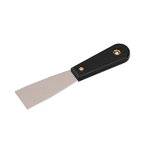 The Sealey Scraper Rigid 40mm - AK5220 is a chrome-plated putty knife with a highly polished steel blade, featuring a black composite handle and a convenient hole near the end for hanging.