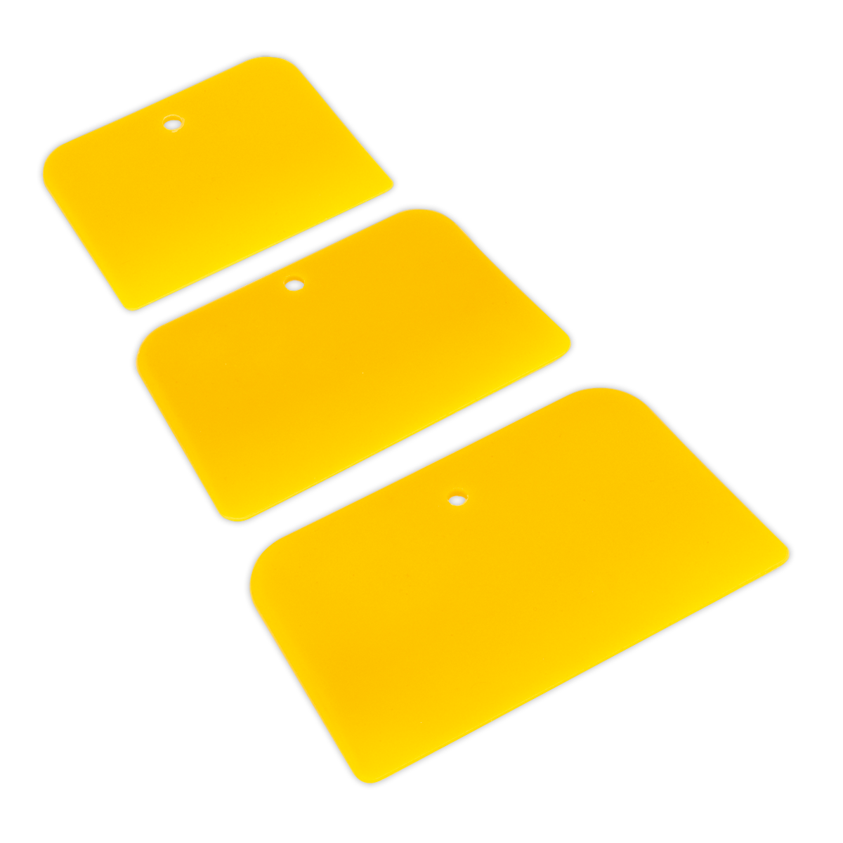 The Body Filler Applicator Set 3pc - AK5225 by Sealey includes three yellow, rectangular applicators with rounded edges and black borders. Each applicator features a hole near the edge for easy hanging and comes in different widths to accommodate various needs.