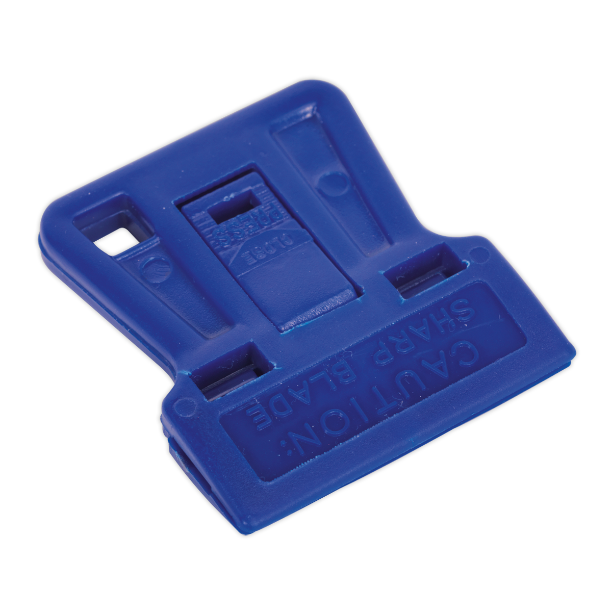 The Composite Razor Blade Holder Pack of 5 - AK5227 by Sealey is a blue plastic tool, engraved with the text "CAUTION: SHARP BLADE" and crafted from durable composite material. It is ideal for use with Sealey Composite Razor Blades for precise cutting tasks.