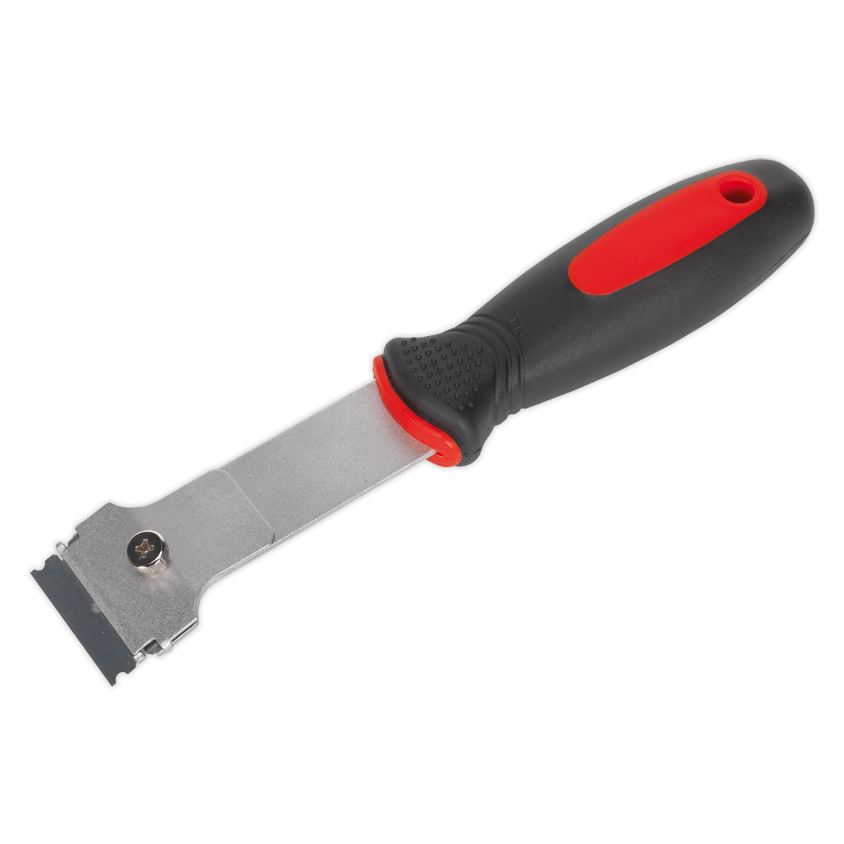 The Sealey Razor Blade Scraper - AK52504, a metal hand scraper with a black and red soft grip handle, features a sharp razor blade secured with a screw, making it perfect for removing adhesives.