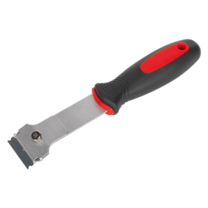 The Sealey Razor Blade Scraper - AK52504, a metal hand scraper with a black and red soft grip handle, features a sharp razor blade secured with a screw, making it perfect for removing adhesives.