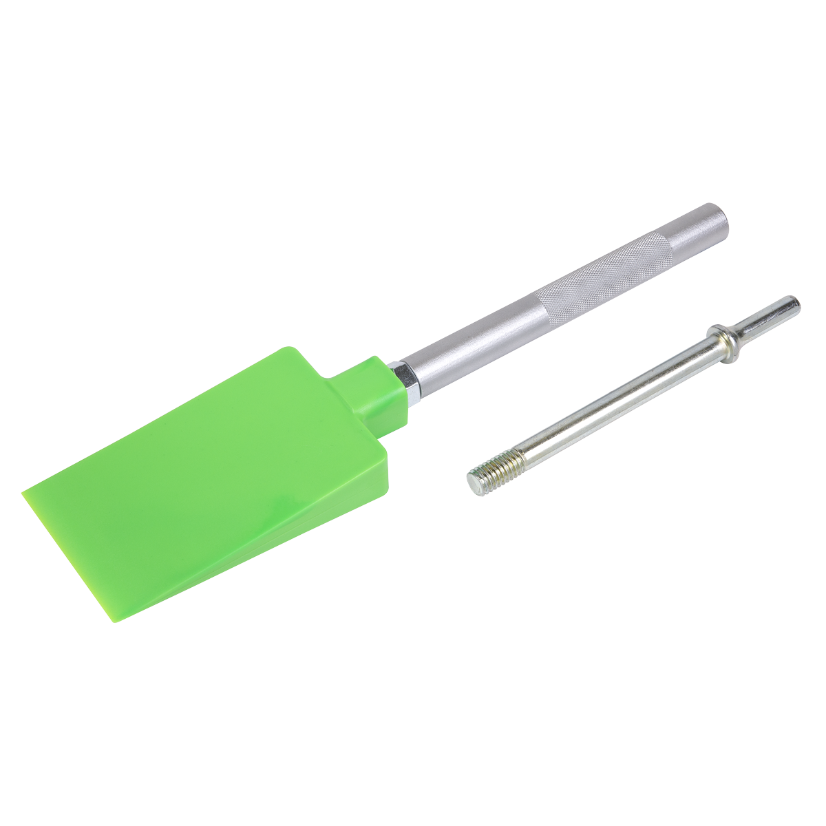 The Sealey Removal Tool Moulding/Trim - AK526, featuring a green shovel with a silver handle and an additional metal attachment placed beside it, is perfect for those who appreciate precision in bodywork.