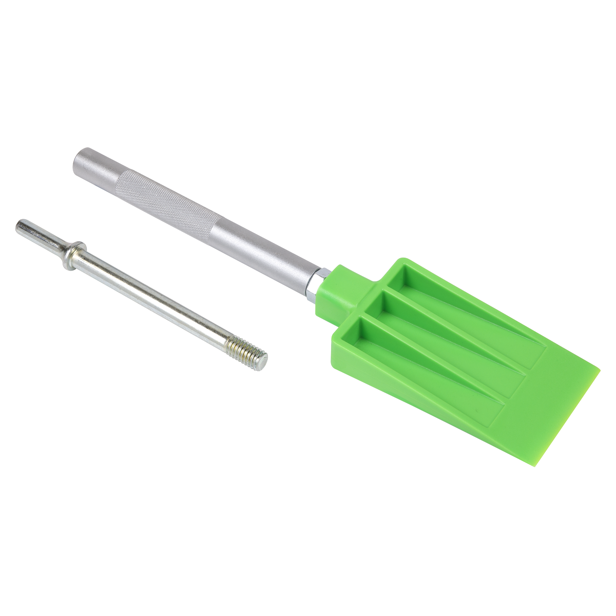 The Sealey Removal Tool Moulding/Trim AK526 is a green handheld tool with a flat blade, perfect for body work, and comes with an accompanying cylindrical metal rod with a threaded end.