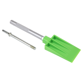 The Sealey Removal Tool Moulding/Trim AK526 is a green handheld tool with a flat blade, perfect for body work, and comes with an accompanying cylindrical metal rod with a threaded end.