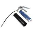 The Screw-Type Grease Gun - Pistol Style - AK53 by Sealey is a heavy-duty grease gun equipped with a flexible hose and a black, cylindrical tube attachment. The accompanying grease tube is blue and white, featuring text and a barcode. This product is designed for use with screw-type grease cartridges and boasts a high-grade aluminum die-cast head for enhanced durability.