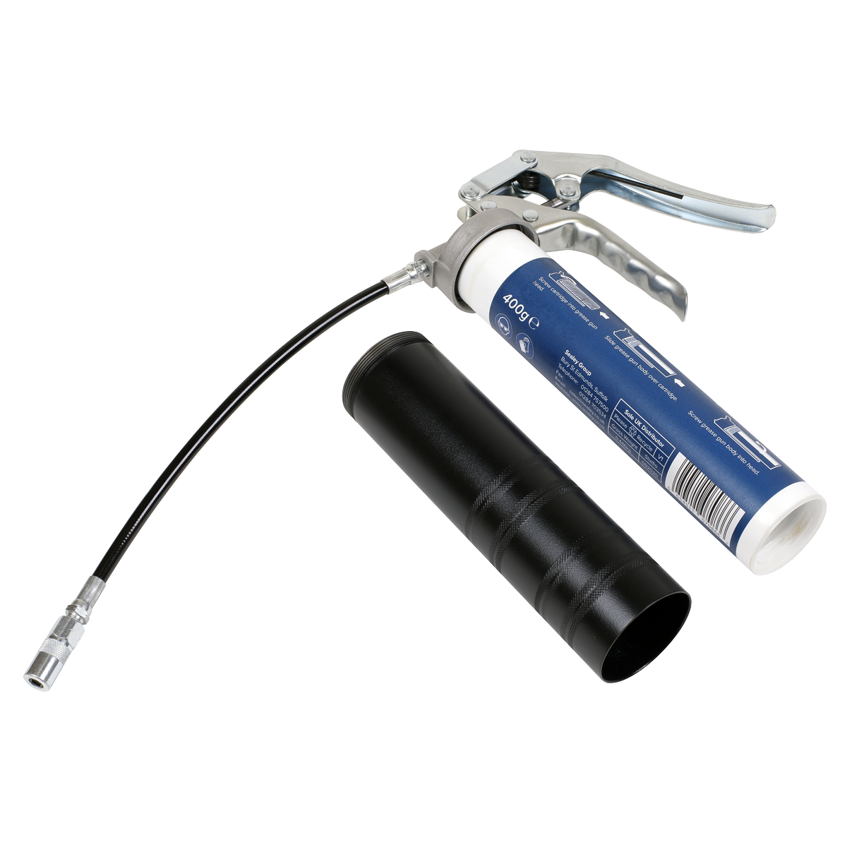 The Screw-Type Grease Gun - Pistol Style - AK53 by Sealey is a heavy-duty grease gun equipped with a flexible hose and a black, cylindrical tube attachment. The accompanying grease tube is blue and white, featuring text and a barcode. This product is designed for use with screw-type grease cartridges and boasts a high-grade aluminum die-cast head for enhanced durability.