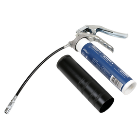 The Screw-Type Grease Gun - Pistol Style - AK53 by Sealey is a heavy-duty grease gun equipped with a flexible hose and a black, cylindrical tube attachment. The accompanying grease tube is blue and white, featuring text and a barcode. This product is designed for use with screw-type grease cartridges and boasts a high-grade aluminum die-cast head for enhanced durability.