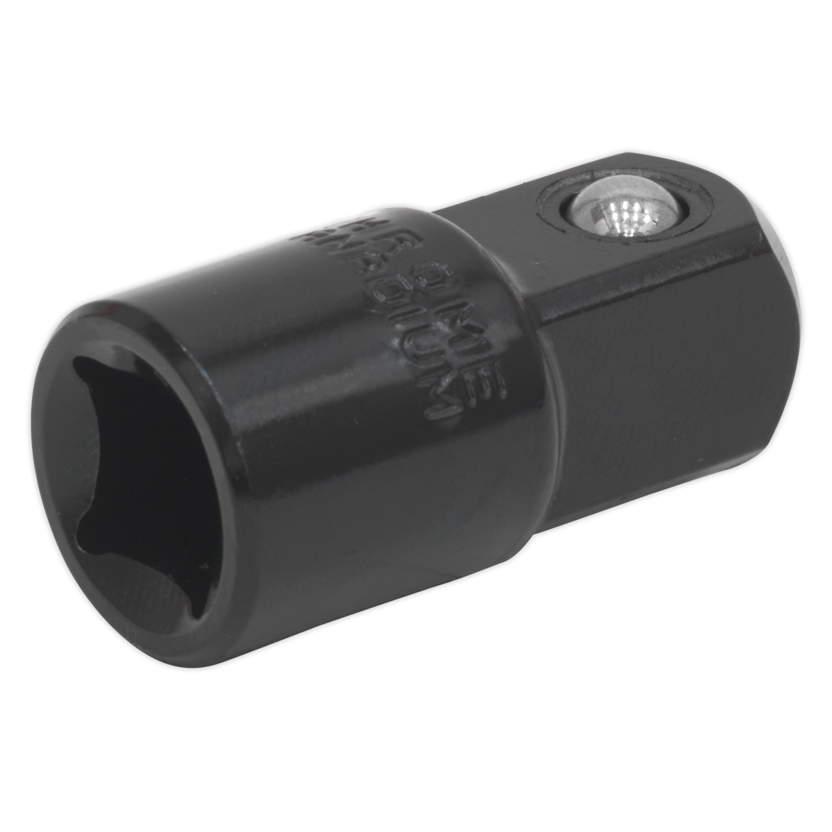 The Sealey Impact Adaptor AK5400, crafted from Chrome Vanadium steel and finished in black, features a 3/8" square drive female end and a 1/2" square drive male end, making it ideal for connecting various types of sockets to a wrench.