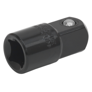 The Sealey Impact Adaptor AK5400, crafted from Chrome Vanadium steel and finished in black, features a 3/8" square drive female end and a 1/2" square drive male end, making it ideal for connecting various types of sockets to a wrench.