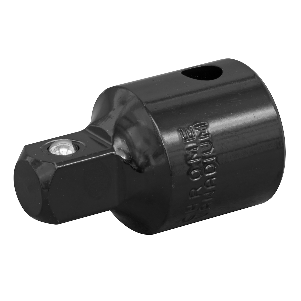 The Sealey Impact Adaptor 1/2"Sq Drive Female - 3/8"Sq Drive Male (AK5401) is a chrome vanadium hex socket adapter with a square drive and a hole for a detent pin, perfect for hand tools and offering excellent corrosion resistance.