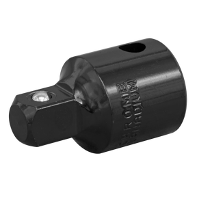 The Sealey Impact Adaptor 1/2"Sq Drive Female - 3/8"Sq Drive Male (AK5401) is a chrome vanadium hex socket adapter with a square drive and a hole for a detent pin, perfect for hand tools and offering excellent corrosion resistance.