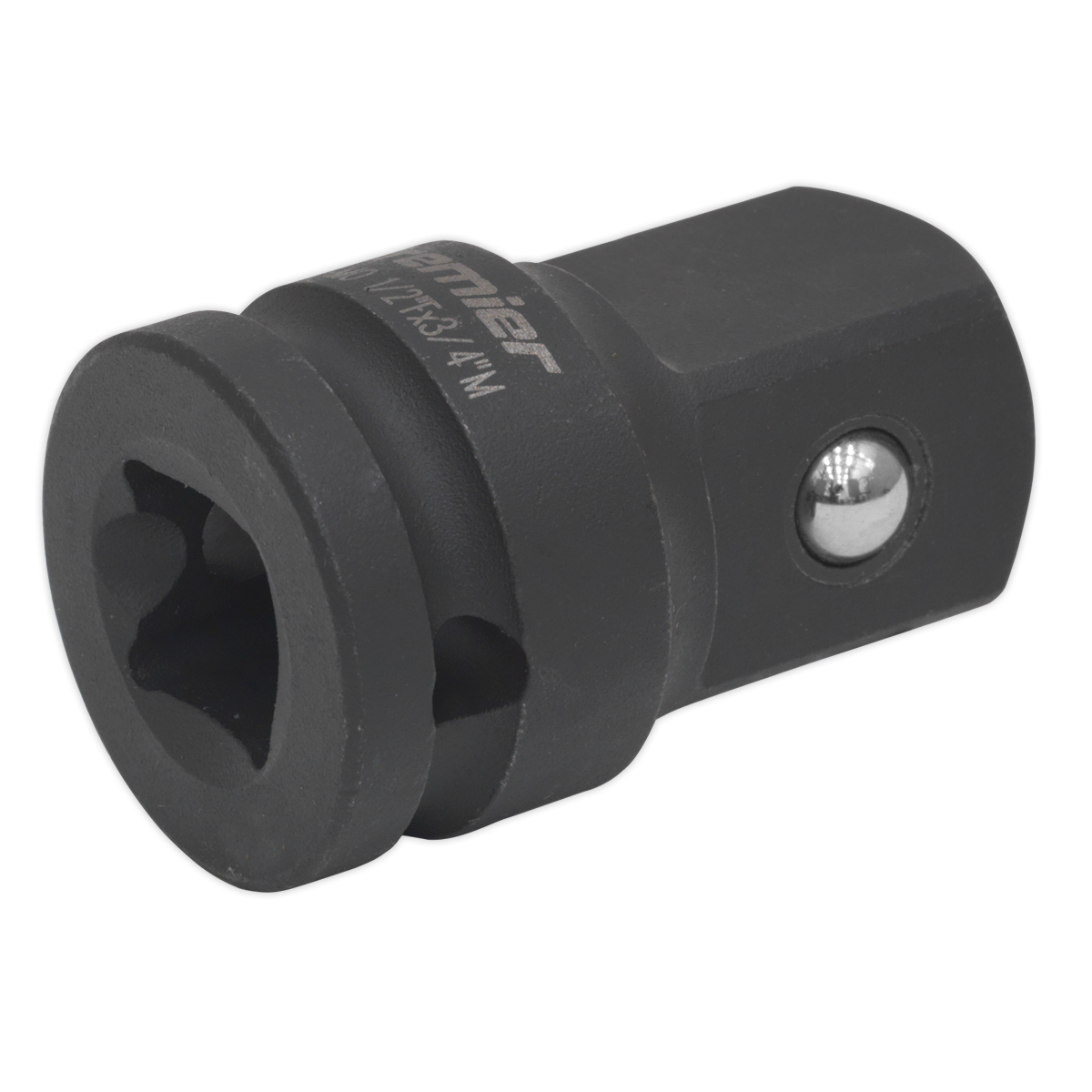 The Sealey Impact Adaptor 1/2"Sq Drive Female - 3/4"Sq Drive Male (AK5402) features a hexagonal opening on one end and a square drive on the other, crafted from durable Chrome Molybdenum steel, making it ideal for use with hand tools or air impact tools.