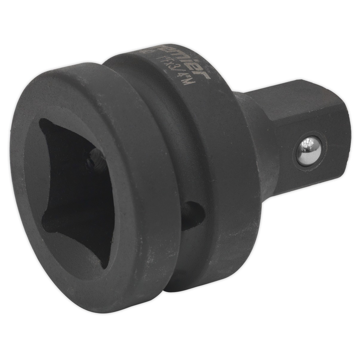 The Sealey Impact Adaptor 1" Square Drive Female to 3/4" Square Drive Male - AK5405 is a black metal adapter made of durable Chrome Molybdenum steel with a square drive and a round outer shape. It is designed for use with sockets and ratchet handles, and is ideal for pairing with Premier Hand Tools and air impact tools.