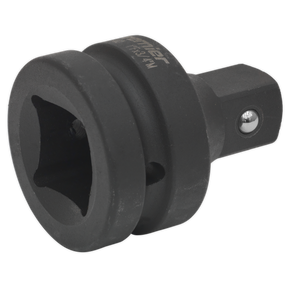The Sealey Impact Adaptor 1" Square Drive Female to 3/4" Square Drive Male - AK5405 is a black metal adapter made of durable Chrome Molybdenum steel with a square drive and a round outer shape. It is designed for use with sockets and ratchet handles, and is ideal for pairing with Premier Hand Tools and air impact tools.