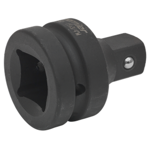 The Sealey Impact Adaptor 1" Square Drive Female to 3/4" Square Drive Male - AK5405 is a black metal adapter made of durable Chrome Molybdenum steel with a square drive and a round outer shape. It is designed for use with sockets and ratchet handles, and is ideal for pairing with Premier Hand Tools and air impact tools.