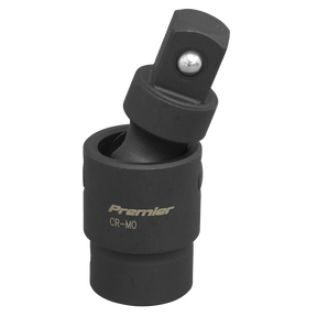 The Impact Universal Joint 1/2"Sq Drive (model AK5500) from Sealey, crafted from durable Chrome Molybdenum steel with a matte black finish, is perfect for connecting tools to reach angled fasteners. Ideal for use with an air impact tool, it exemplifies Sealey's dedication to quality craftsmanship.