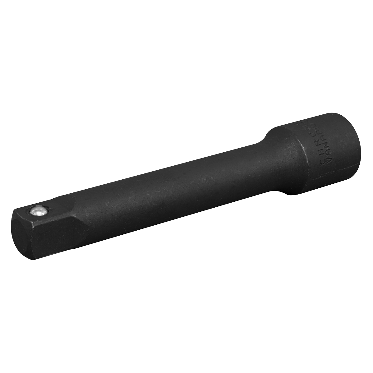 Introducing the Sealey Impact Extension Bar 125mm 1/2"Sq Drive - AK55012: a black, metal socket extension bar crafted from robust Chrome Vanadium steel. It features a hexagonal socket end and a slightly textured surface, making it the perfect addition to your Premier Hand Tools collection.