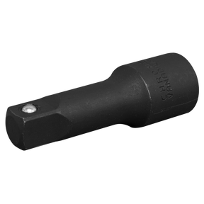 The Sealey Impact Extension Bar 75mm 1/2"Sq Drive - AK5501 is a black, cylindrical socket adapter crafted from Chrome Vanadium steel. It features both male and female ends for connecting different drive sizes of socket wrenches. This versatile tool is ideal for use with Premier Hand Tools or as an accessory for air impact tools.