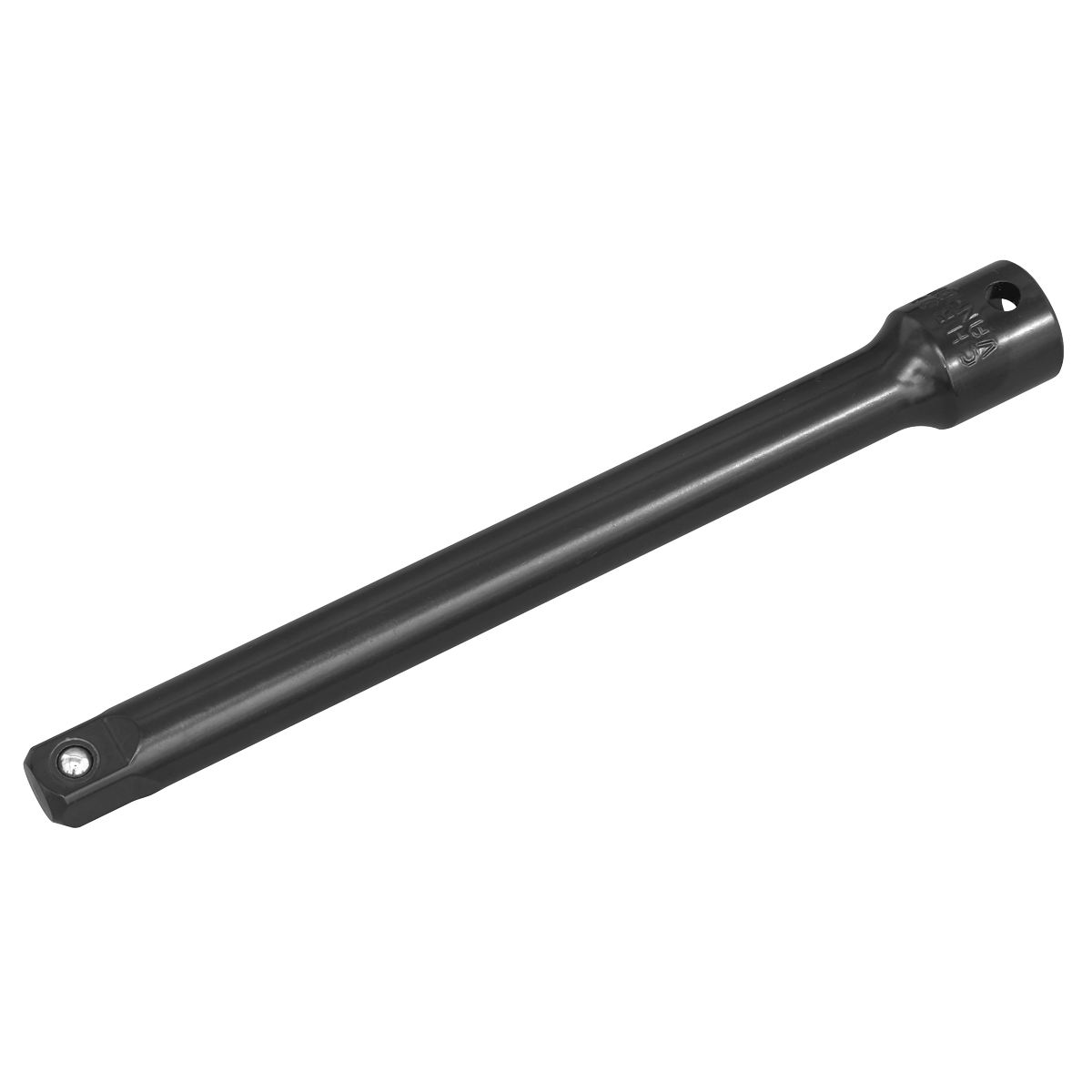 The Sealey Impact Extension Bar 150mm 3/8"Sq Drive - AK5504 is a black metal tool extension bar that features a square drive end and a rounded end, expertly crafted from durable Chrome Vanadium steel.