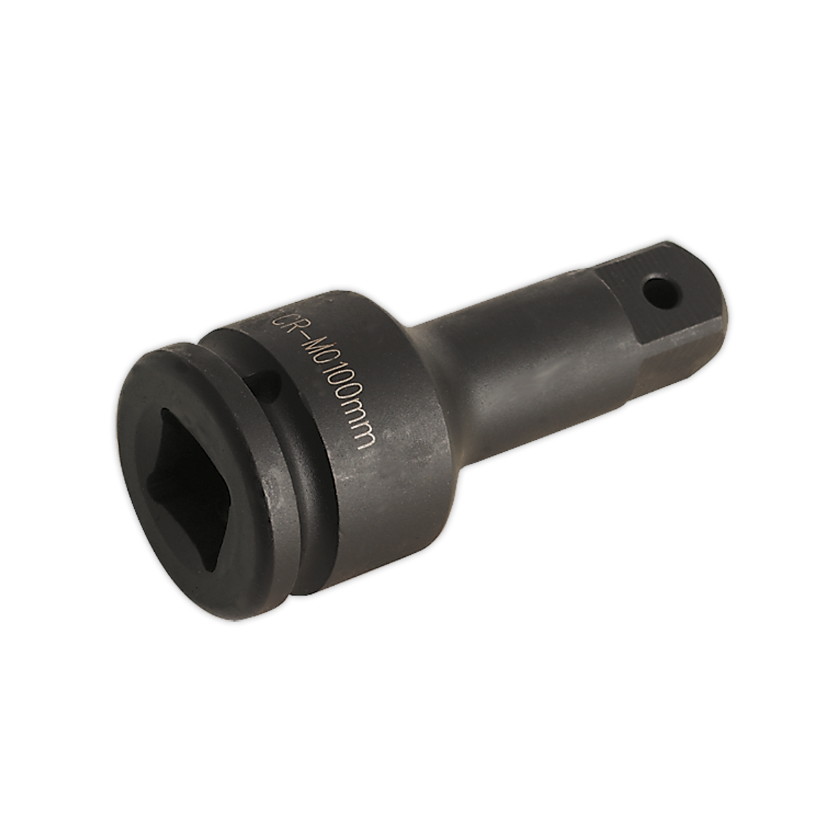 The Sealey Impact Extension Bar 100mm 3/4"Sq Drive - AK5505 is a black, Chrome Molybdenum steel socket adapter with "GR - M100mm" engraved on its body. It features a square drive end for attachment to tools and is ideal for use with Premier Hand Tools and air impact tools.