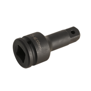 The Sealey Impact Extension Bar 100mm 3/4"Sq Drive - AK5505 is a black, Chrome Molybdenum steel socket adapter with "GR - M100mm" engraved on its body. It features a square drive end for attachment to tools and is ideal for use with Premier Hand Tools and air impact tools.