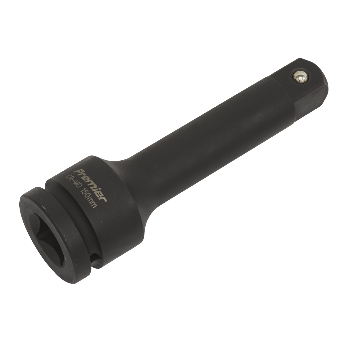 The Sealey Impact Extension Bar 150mm 3/4"Sq Drive - AK5506 is a robust extension bar made from durable Chrome Molybdenum steel. This black extension bar, designed for use with air impact tools, is labeled as part of the "Premier Hand Tools" collection.